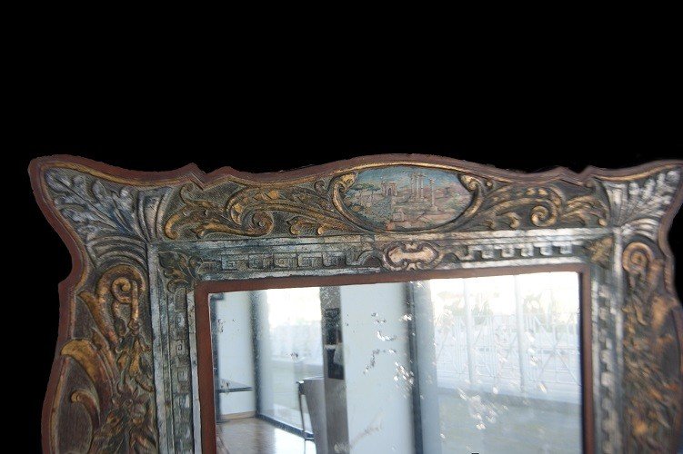 Particolarissima specchiera del 1900 con cornice in Pelle dipinta-photo-2