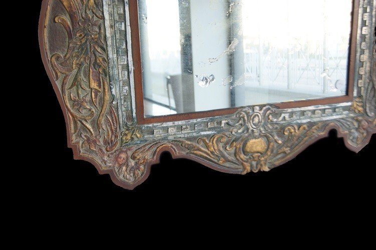 Particolarissima specchiera del 1900 con cornice in Pelle dipinta-photo-3
