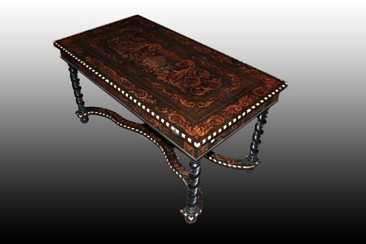 Antico tavolo scrittoio di inizio 1800 olandese in ebano intarsi avorio-photo-2