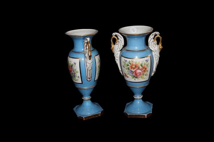 Coppia di piccoli vasi francesi in porcellana Vecchia Parigi del 1800 Azzurri-photo-2
