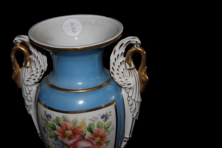 Coppia di piccoli vasi francesi in porcellana Vecchia Parigi del 1800 Azzurri-photo-3