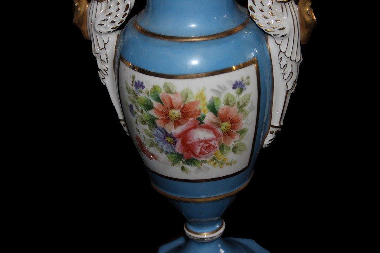 Coppia di piccoli vasi francesi in porcellana Vecchia Parigi del 1800 Azzurri-photo-4