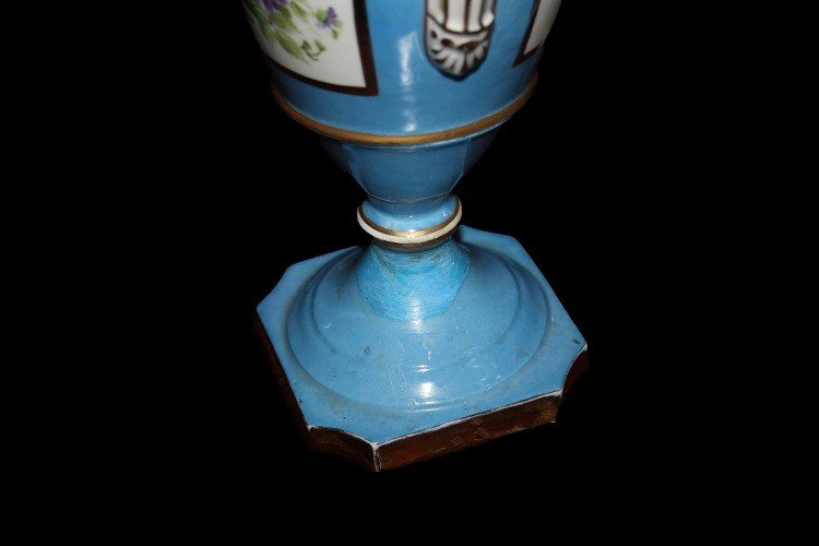 Coppia di piccoli vasi francesi in porcellana Vecchia Parigi del 1800 Azzurri-photo-1