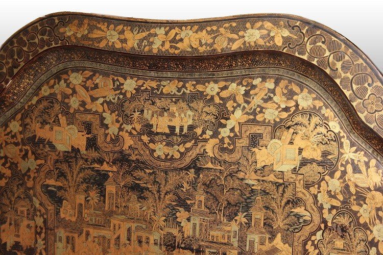 Stupendo vassoio francese in legno riccamente decorato gusto orientale-photo-2