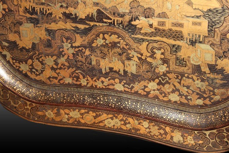 Stupendo vassoio francese in legno riccamente decorato gusto orientale-photo-1