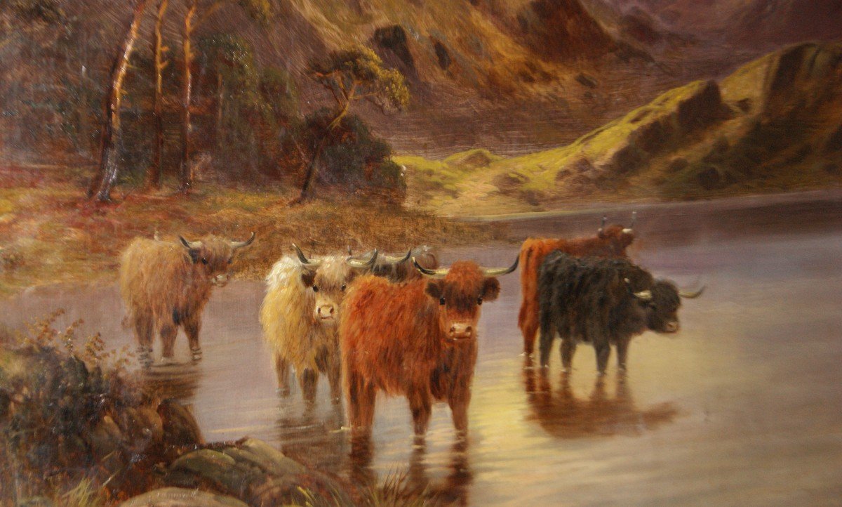 Olio su tela inglese del 1800 Paesaggio altopiani scozzesi con Buoi Highlander-photo-3