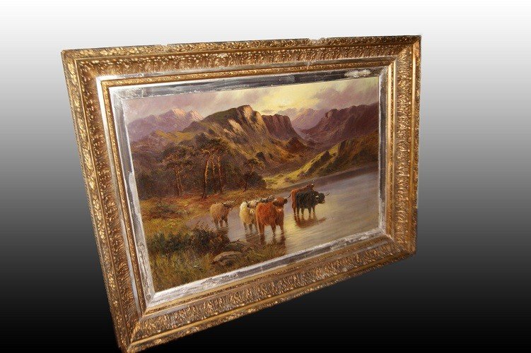 Olio su tela inglese del 1800 Paesaggio altopiani scozzesi con Buoi Highlander-photo-1