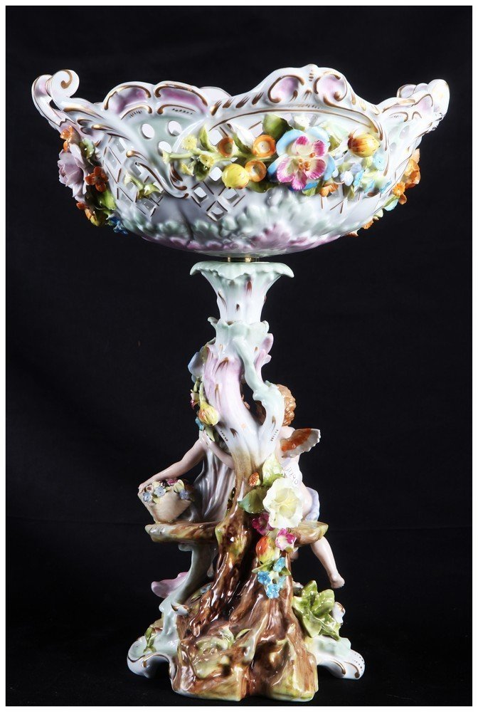 Centrotavola con alzata a cestino in porcellana tedesca Meissen-photo-2