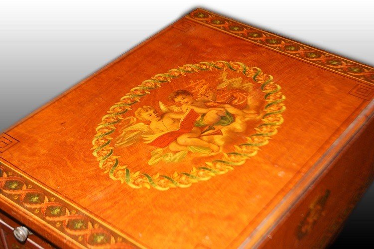 Tavolino con alette stile Sheraton del 1800 inglese con pitture-photo-2