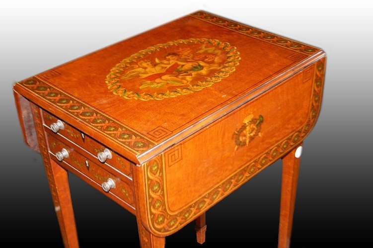 Tavolino con alette stile Sheraton del 1800 inglese con pitture-photo-3