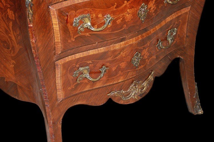 Comoncino Luigi XV Panciuto del 1800 riccamente intarsiato con 3 cassetti-photo-3