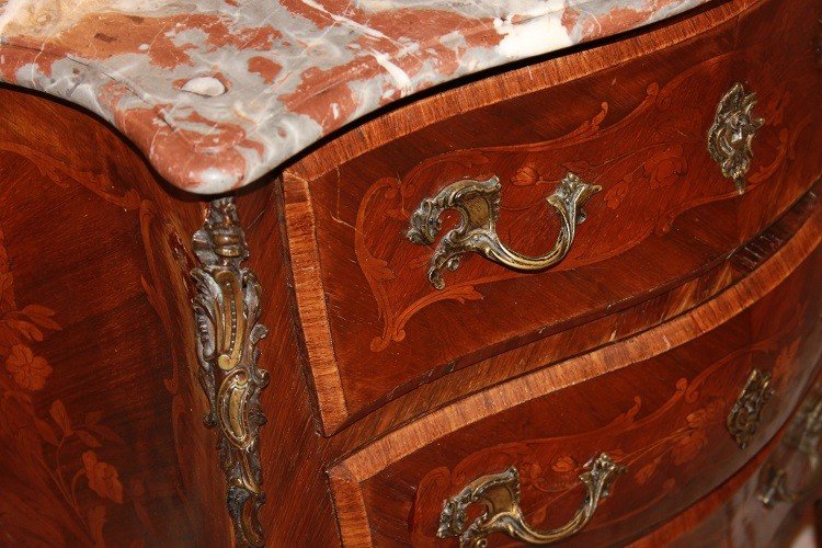 Comoncino Luigi XV Panciuto del 1800 riccamente intarsiato con 3 cassetti-photo-1