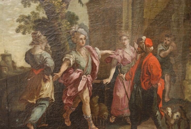 Olio su tela italiano del 1700 in prima tela. Raffigurata scena con 5 personaggi-photo-2