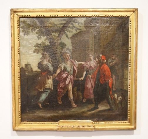 Olio su tela italiano del 1700 in prima tela. Raffigurata scena con 5 personaggi