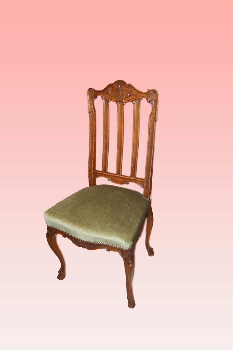 Gruppo di 6 sedie Provenzali in legno di rovere con ricchi motivi di intaglio-photo-2