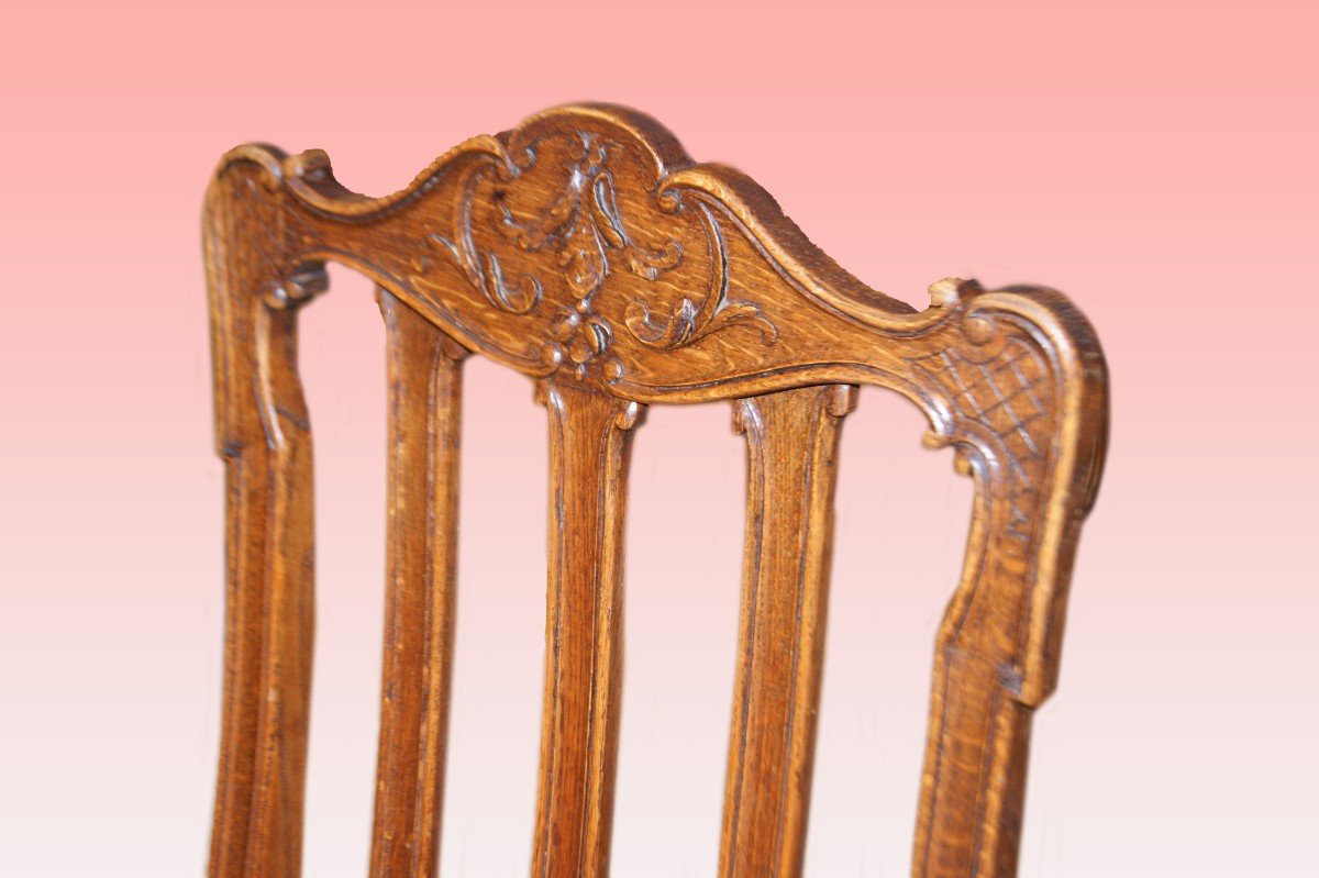 Gruppo di 6 sedie Provenzali in legno di rovere con ricchi motivi di intaglio-photo-3