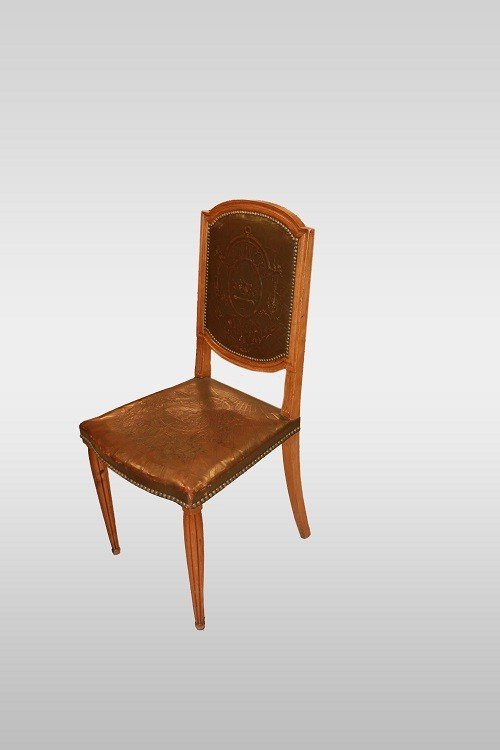 Gruppo di 6 sedie stile Luigi XVI con seduta e schienale in pelle stampata-photo-2