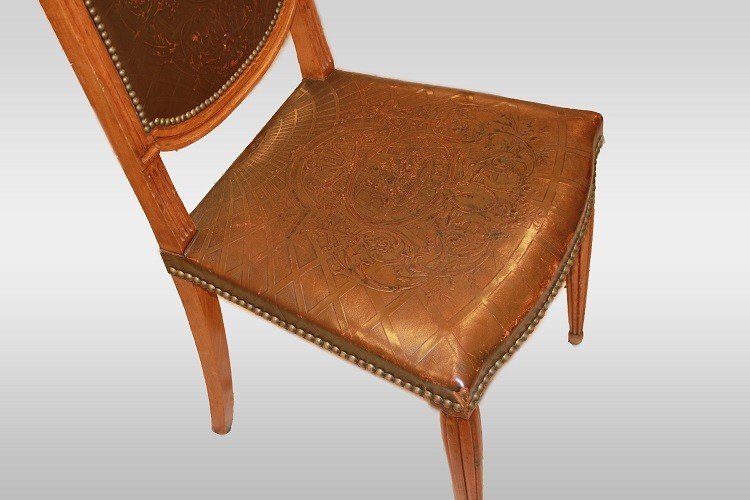 Gruppo di 6 sedie stile Luigi XVI con seduta e schienale in pelle stampata-photo-4
