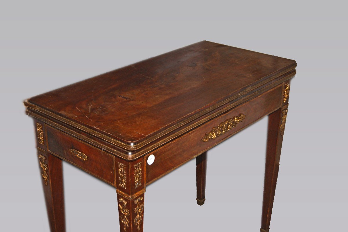 Tavolino da gioco francese stile Impero del 1800 in legno di mogano con bronzi-photo-2
