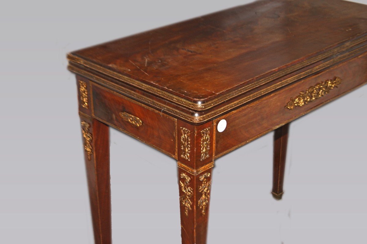Tavolino da gioco francese stile Impero del 1800 in legno di mogano con bronzi-photo-3