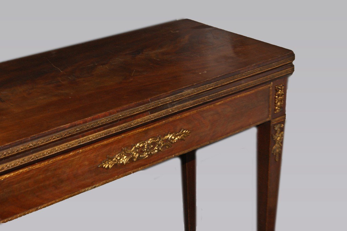 Tavolino da gioco francese stile Impero del 1800 in legno di mogano con bronzi-photo-4