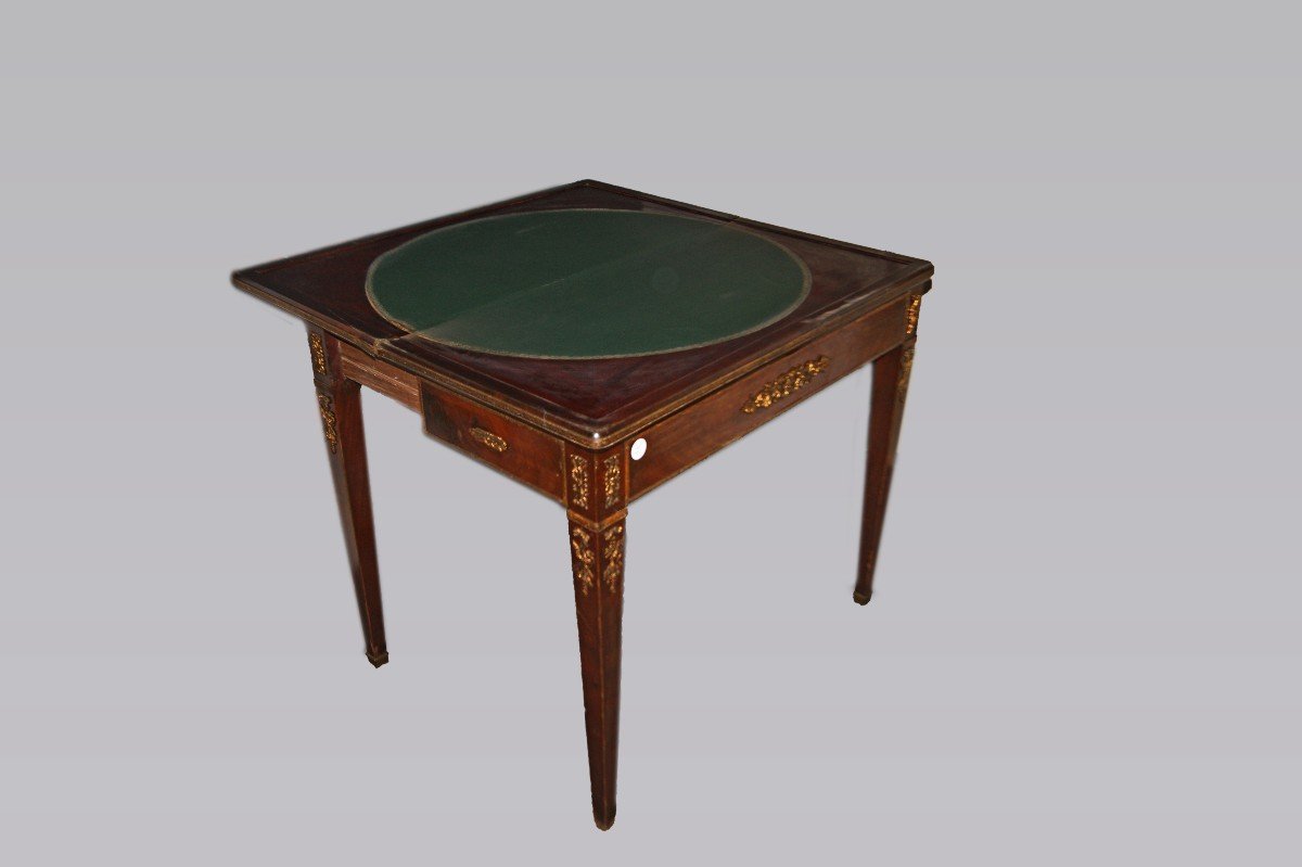 Tavolino da gioco francese stile Impero del 1800 in legno di mogano con bronzi-photo-1