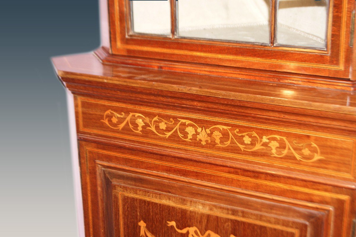 Coppia di angoliere inglesi del 1800 stile Vittoriano in legno di mogano intarsiate-photo-4