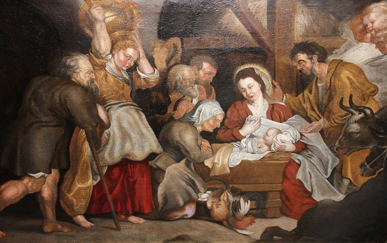Olio su tela di inizio 1700 Raffigurante Adorazione del Bambin Gesù con Pastori e Donne Scuola -photo-2