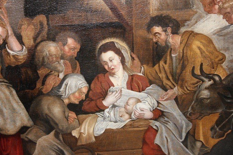 Olio su tela di inizio 1700 Raffigurante Adorazione del Bambin Gesù con Pastori e Donne Scuola -photo-3