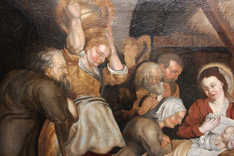 Olio su tela di inizio 1700 Raffigurante Adorazione del Bambin Gesù con Pastori e Donne Scuola -photo-4