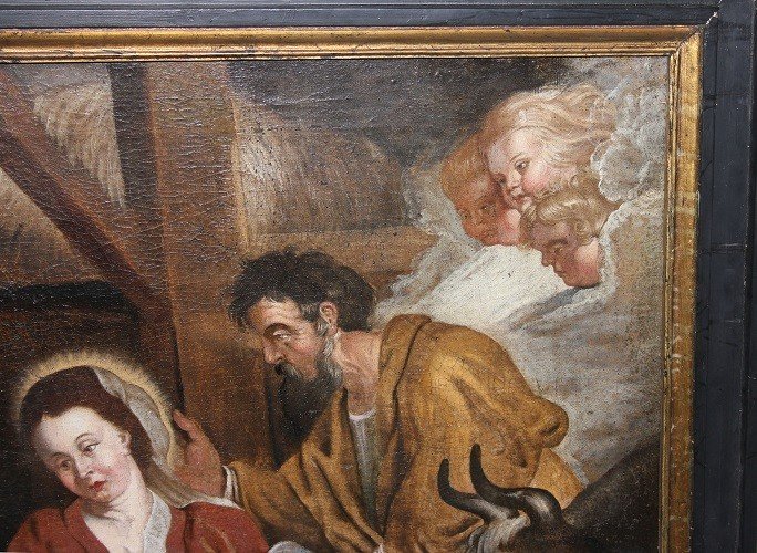 Olio su tela di inizio 1700 Raffigurante Adorazione del Bambin Gesù con Pastori e Donne Scuola -photo-1