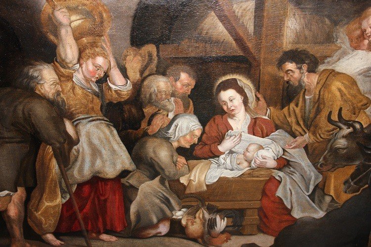 Olio su tela di inizio 1700 Raffigurante Adorazione del Bambin Gesù con Pastori e Donne Scuola -photo-3
