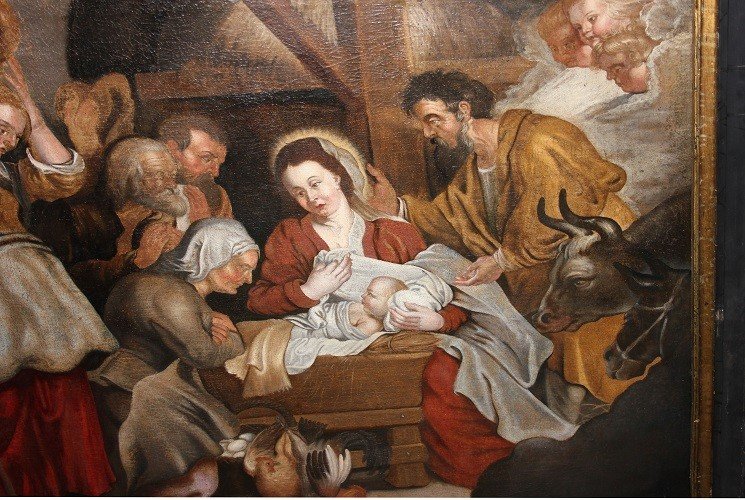 Olio su tela di inizio 1700 Raffigurante Adorazione del Bambin Gesù con Pastori e Donne Scuola -photo-4