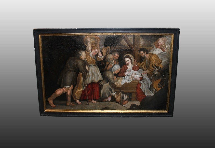 Olio su tela di inizio 1700 Raffigurante Adorazione del Bambin Gesù con Pastori e Donne Scuola 