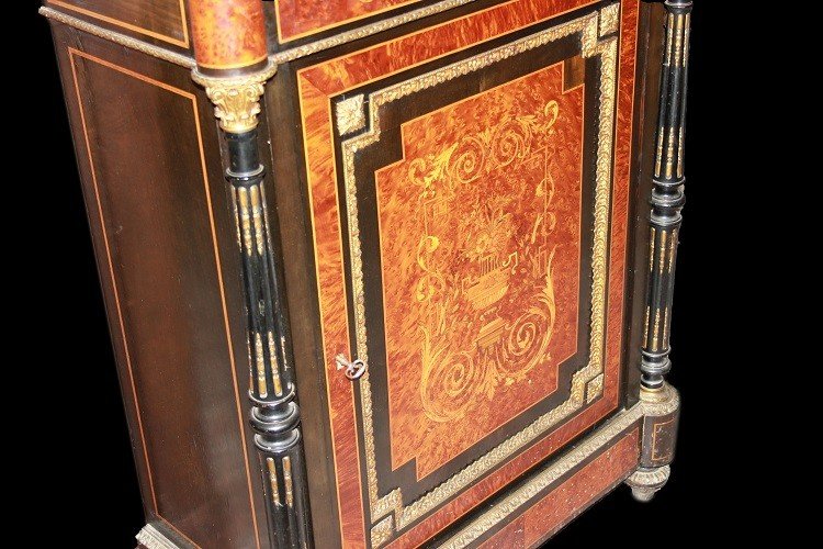 Credenzino 1 porta stile Luigi XVI francese del 1800 in legno di ebano riccamente intarsiato-photo-3