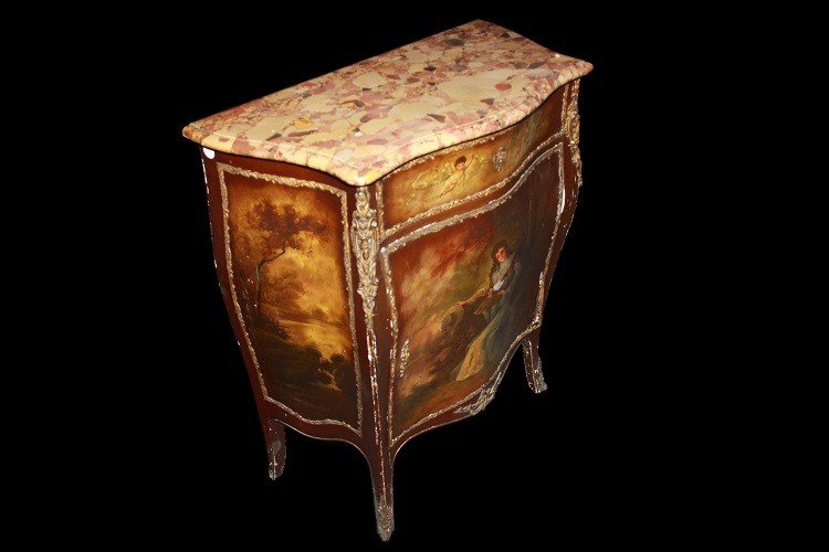 Vernis Martin cabinet painted with a gallant scene and marble top from the 19th century-photo-1