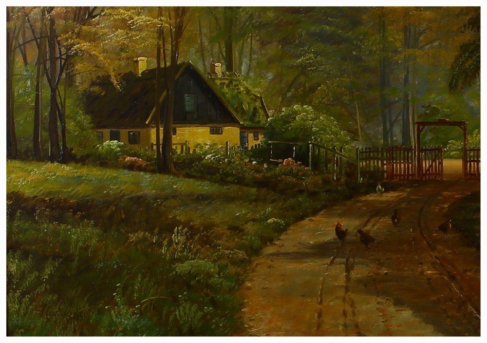 Grande olio su tela raffigurante sentiero e casa nel bosco-photo-2