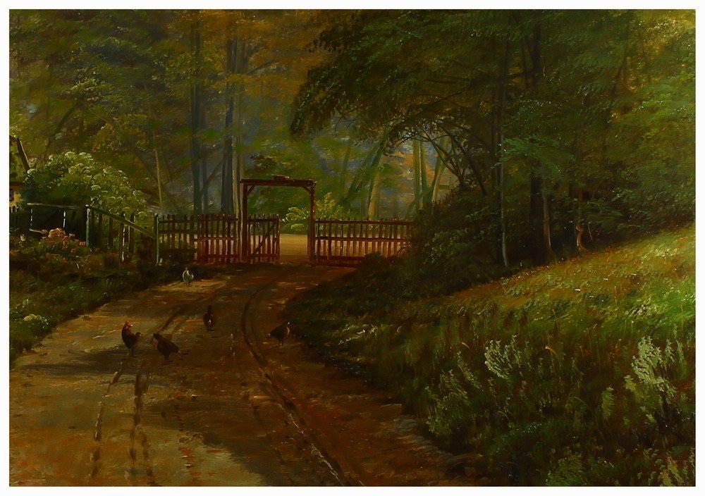Grande olio su tela raffigurante sentiero e casa nel bosco-photo-3