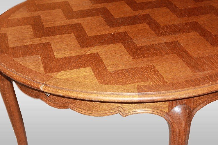 Tavolo provenzale circolare allungabile di inizio 1900 in legno di rovere con piano parquettato-photo-2
