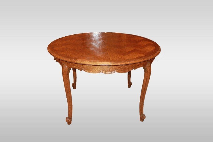 Tavolo provenzale circolare allungabile di inizio 1900 in legno di rovere con piano parquettato-photo-3