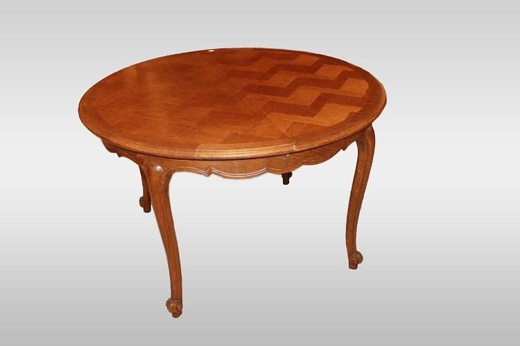Tavolo provenzale circolare allungabile di inizio 1900 in legno di rovere con piano parquettato-photo-4