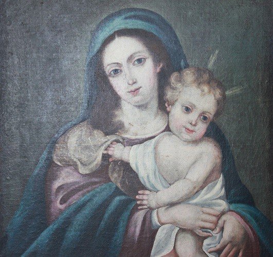 Olio su tela Spagnolo di inizio 1800 Raffigurante Madonna con Bambino Gesù-photo-3