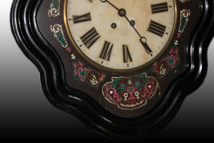 Orologio pensile francese del 1800 laccato nero e con intarsio cloisonne-photo-3