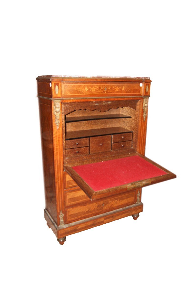 Secretaire francese stile Luigi XVI in legno di bois de rose del 1800 con marmo e intarsi-photo-1