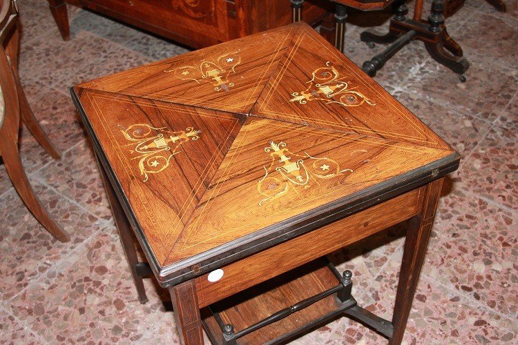Tavolino da gioco a fazzoletto inglese stile Vittoriano della seconda metà del 1800-photo-1
