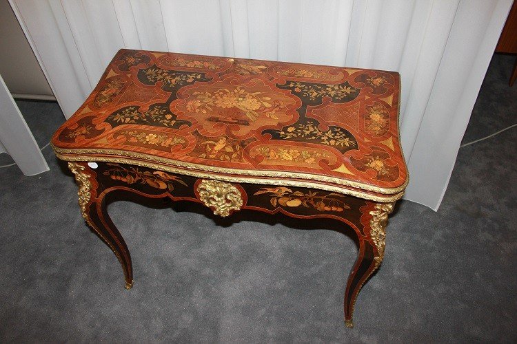 Prezioso tavolino da gioco inglese di gusto francese stile Luigi XV prima metà 1800-photo-3