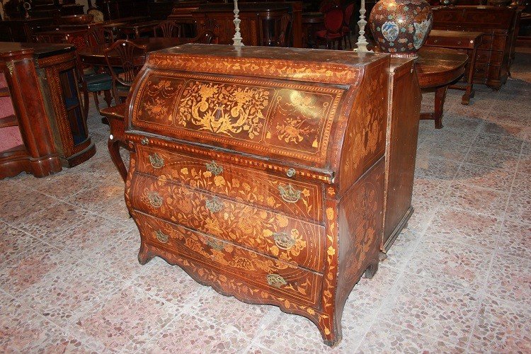 Comò a rullo olandese di fine 1700 in legno di mogano riccamente intarsiato-photo-2