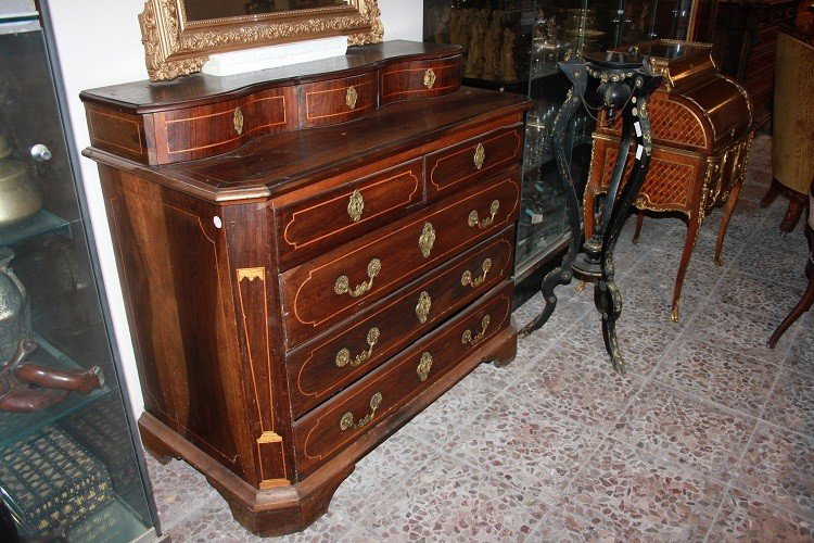 Cassettone canterano Spagnolo 1700 in legno di noce impreziosito da filetto di intarsio-photo-2