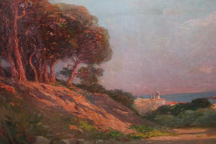 Olio su tela francese paesaggio Una pineta in riva al mare - Joseph Perrachon 1883 - 1969-photo-2