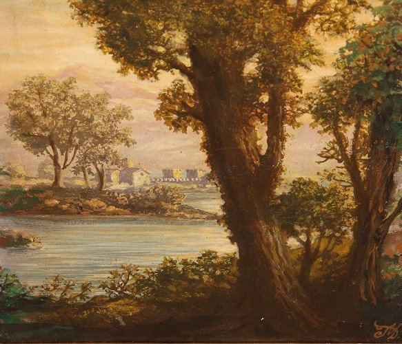 Olio su tela Italiano Raffigurante Paesaggio con veduta marina del XIX secolo-photo-3